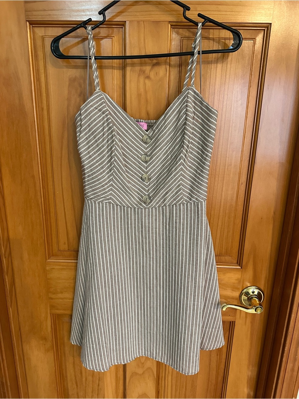 mi ami Striped A-Line Spaghetti Strap Dress in GreyGreen and White